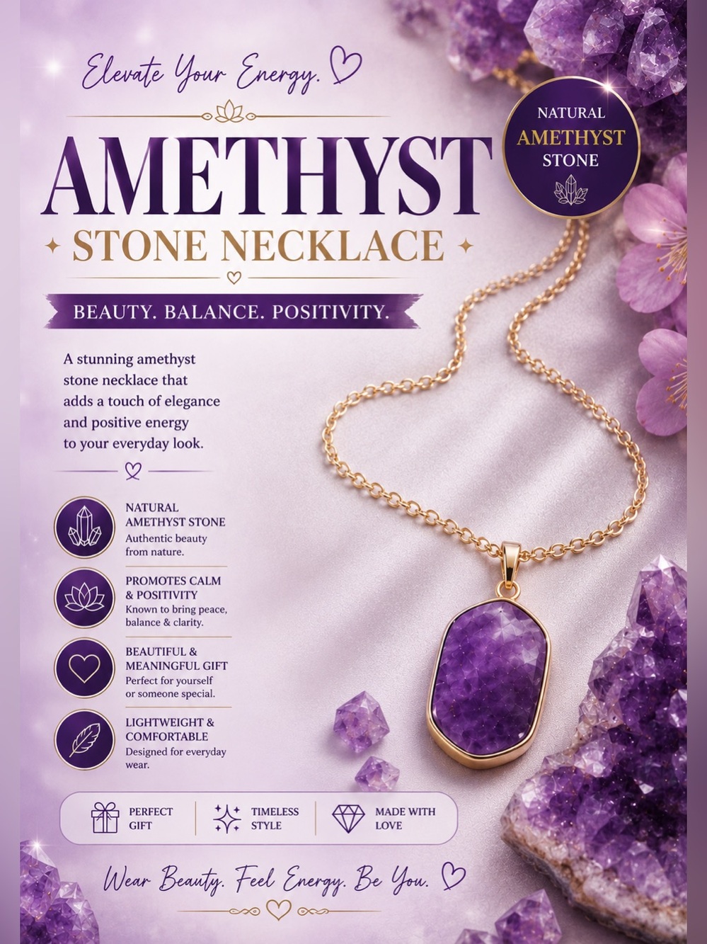 Gold Necklace with Amethyst Stone Pendant